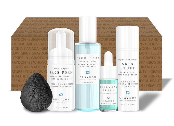 The five skincare products included in the Clean Beauty Starter Kit against a Graydon Skincare cardboard box