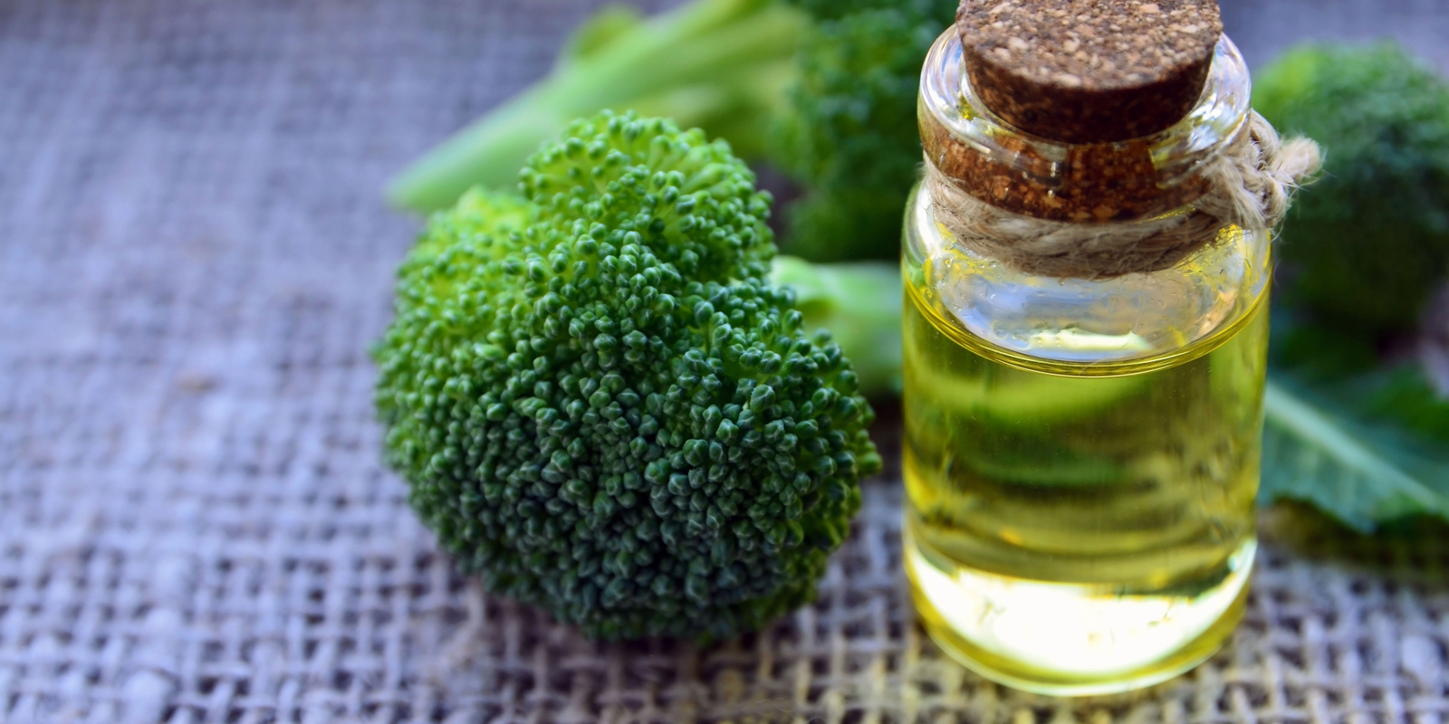 broccoli floret beside a glass vial of broccoli seed oil, which is a light yellow-green colour