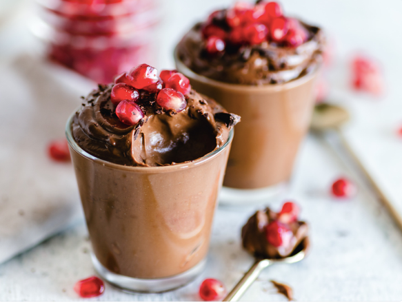 Vegan Chocolate Mousse with Pomegranate + Blackcurrant
